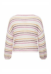 Maglione a righe con maniche lunghe; presenta linee orizzontali bianche, rosa, arancioni e marroni; tessuto a maglia testurizzato; vestibilità ampia.