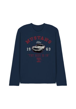 Marineblaues Langarmshirt mit Vintage-Ford-Mustang-Auto, "MUSTANG 1969," "The Boss Is In" und Mustang-Logo in rotem und weißem Druck.