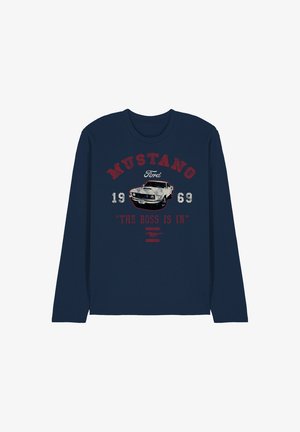 Navy long-sleeve shirt with vintage Ford Mustang car, "MUSTANG 1969," "The Boss Is In," and Mustang logo in red and white print.