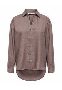 Brun bluse med lange ærmer, knaplukning foran, V-udskæring og buet kant. Fremstillet af blødt stof med en glat tekstur. Har klassisk krave.