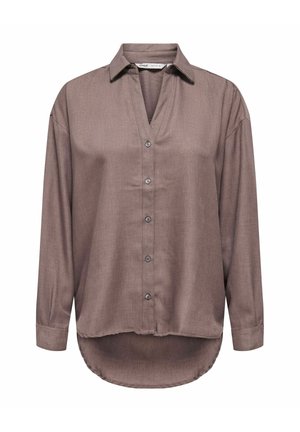 Smeđa bluza dugih rukava s dugmadima sprijeda, V-izrezom i zakrivljenim rubom. Izrađena od mekog materijala s glatkom teksturom. Ima klasičan ovratnik.