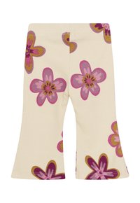 Cremfarbene, gerippte Stoffhosen mit weitem Bein, verziert mit großen rosa und lila Blumenmustern.