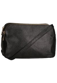 Černá kožená crossbody taška s jemně zrnitou texturou, zipovým uzávěrem a zlatými kovovými akcenty. Kompaktní design s nastavitelným popruhem.