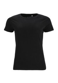 Czarna bawełniana koszulka z okrągłym dekoltem i krótkimi rękawami. Gładka struktura i standardowy krój, bez wzorów czy akcentów.