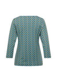 Long-sleeve top in textured fabric, featuring a geometric pattern of green, blue, and black triangles, with a wide neckline and fitted cut.