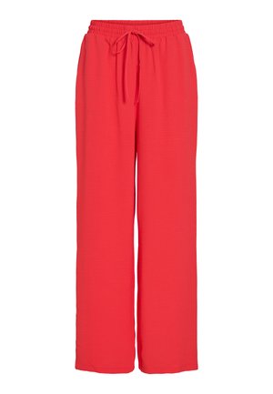 Svetlo rdeče ohlapne hlače z elastičnim pasom in sprednjim vrvico, zasnovane za vsakodnevno nošenje.