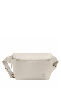Beige Bauchtasche aus strapazierfähigem Stoff mit einem oberen Reißverschluss, verstellbarem Riemen und geprägtem Logo an der Seite. Kompaktes rechteckiges Design.