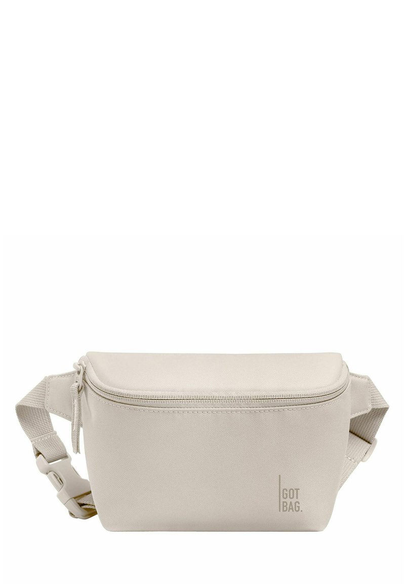 Beige Bauchtasche aus strapazierfähigem Stoff mit einem oberen Reißverschluss, verstellbarem Riemen und geprägtem Logo an der Seite. Kompaktes rechteckiges Design.