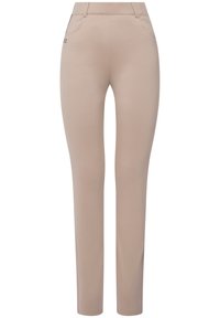 Beige priléhavé kalhoty vyrobené z elastického materiálu, s předními kapsami a úzkým střihem, s jemným logem na bocích.