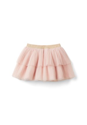 Jupe en tulle rose clair à volants avec une ceinture élastique dorée, composée de deux couches et en tissu plissé doux.