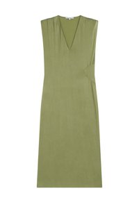Vestito verde senza maniche con scollatura a V, caratterizzato da pieghe sottili sulle spalle e un dettaglio a taglio in vita per un aspetto elegante.
