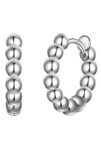Pendientes de aro de plata con un diseño de cuentas esféricas entrelazadas, textura suave y acabado pulido.