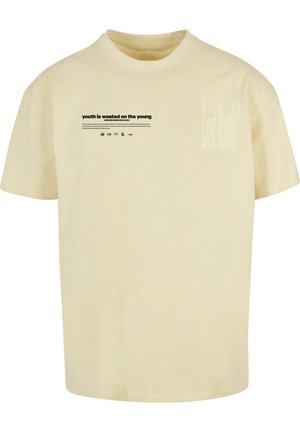 Beige cotton t-shirt with short sleeves, featuring a printed text graphic on the front and the phrase "Lost Youth" on the side.