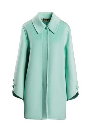 Mint green, wool-blend coat with a collar, front button closure, and three-quarter sleeves. Finished with decorative button accents on sleeves.