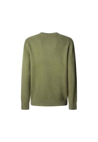 Alkės žalios spalvos megztinis su apvaliu kaklu, ilgomis rankovėmis ir tekstūruotu paviršiumi. Yra ruoželiai ties apačia ir ant rankovių.