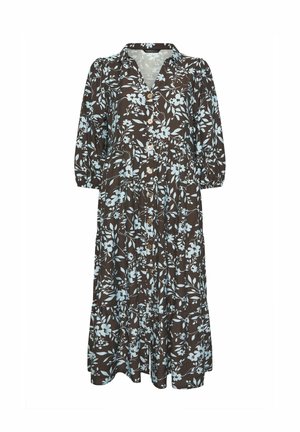 Brown midi dress with light blue floral pattern, button front, three-quarter sleeves, and gathered waist detail.