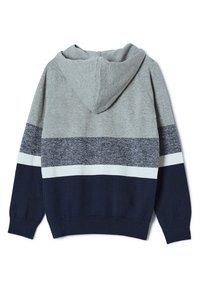 Felpa con cappuccio grigia con strisce orizzontali in blu navy, grigio chiaro e bianco. Tessuto morbido con polsini e vita a costine.