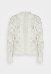 Krémový pletený kardigan s otevřenými vzory a žebrovanými lemy. Texturovaný design s různě umístěnými otvory a kulatým výstřihem.