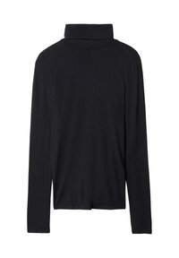 Top noir à manches longues et col roulé avec une coupe ajustée, texture lisse et un col montant, présentant des ourlets cousus et sans motifs visibles.