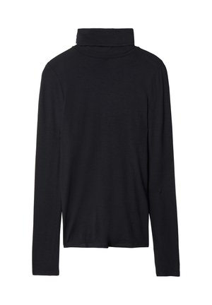 Top noir à manches longues et col roulé avec une coupe ajustée, texture lisse et un col montant, présentant des ourlets cousus et sans motifs visibles.