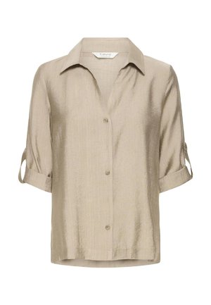 Beige short-sleeve shirt with a collar, button closure, and rolled sleeves. Smooth texture with a slightly shiny finish.