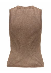 Brązowy bezrękawnik dzianinowy z prążkowaną teksturą i tylnym wzorem, o dopasowanym kroju i okrągłym dekolcie.