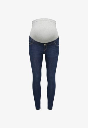 Těhotenské džíny z tmavě modrého denimu s přiléhavým střihem. Mají šedý elastický panel na břiše pro pohodlí. Klasický design s pěti kapsami.