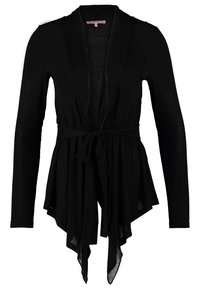 Černý cardigan vyrobený z lehkého materiálu, s volným předním dílem, dlouhými rukávy a vázáním v pase s asymetrickým lemováním.
