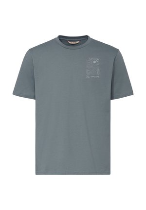 T-shirt gris uni à manches courtes avec col rond, petit graphisme topographique et logo "Vaude" sur la poitrine gauche.
