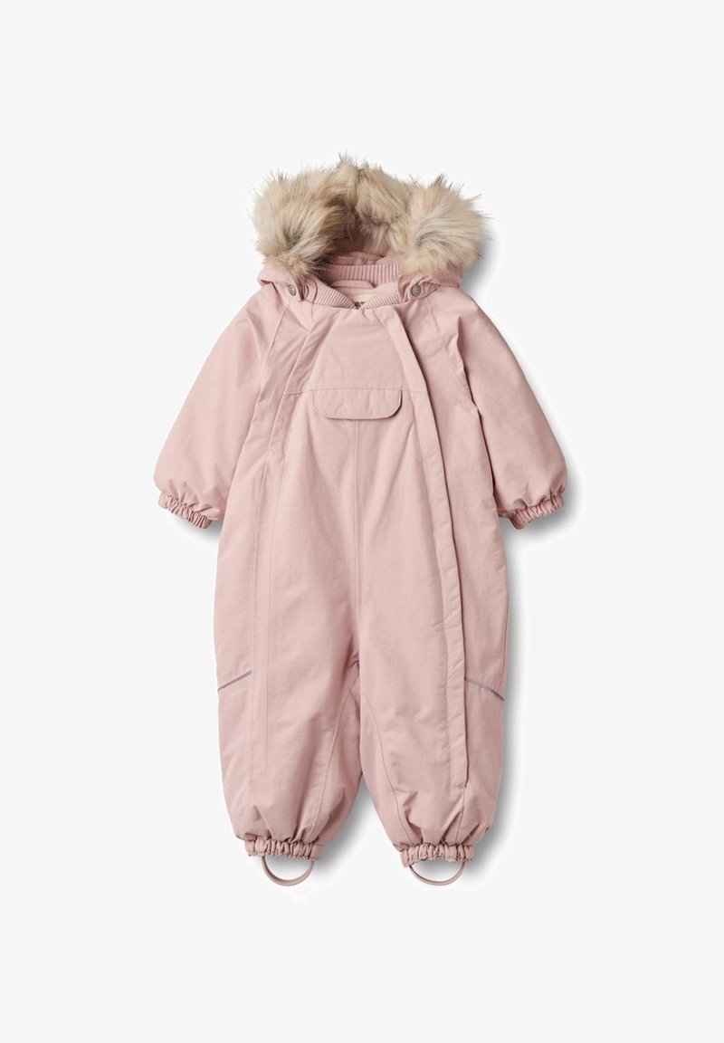 Combinaison de neige isolée rose bébé avec poignets élastiques, capuche bordée de fausse fourrure, poche avant à rabat et sangles pour les pieds, pour l'hiver.
