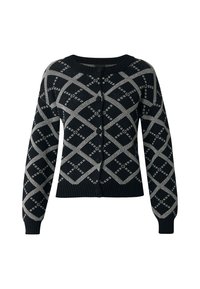 Svart stickad cardigan med vitt geometriskt mönster, med rund halsringning, framknäppning och ribbade ärmslut och nederkant.