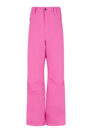 Pantalons de neige roses imperméables avec une coupe ample, dotés d'une poche zippée, d'une taille ajustable et de coutures renforcées pour plus de durabilité.