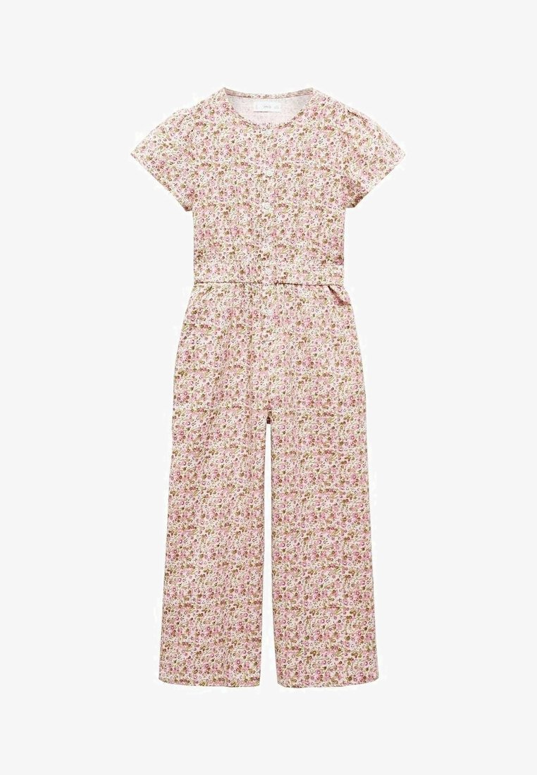 Combinaison florale à manches courtes, base rose, motif de petits fleurs sur l'ensemble, devant à boutons, et taille élastique pour un look ajusté.