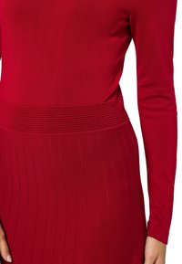 Robe rouge à manches longues avec une taille côtelée et des rayures verticales sur la jupe. Fabriquée à partir d'un tissu lisse et extensible.