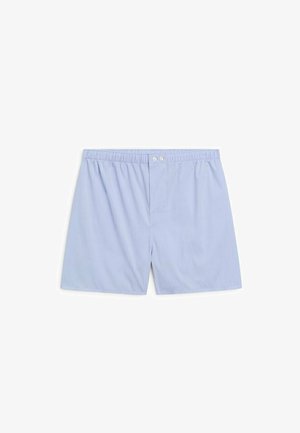 Light blue cotton shorts with an elastic waistband, two buttons at the front, and a relaxed fit. Full coverage design, soft texture.