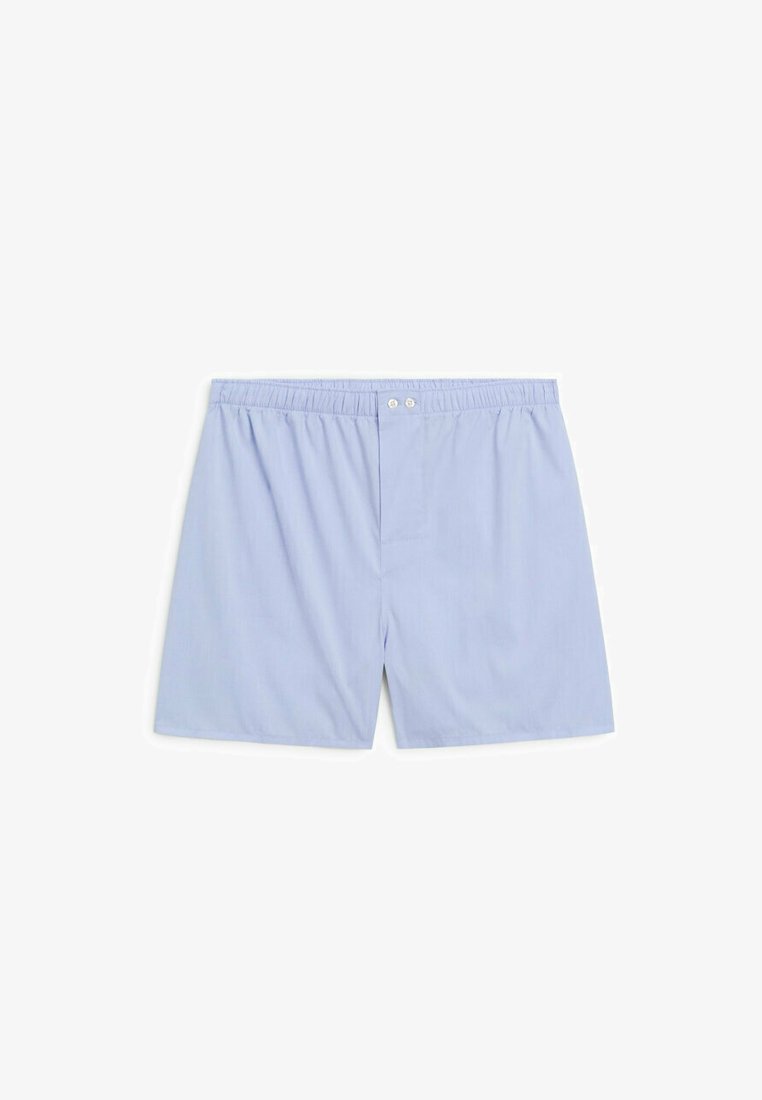 Light blue cotton shorts with an elastic waistband, two buttons at the front, and a relaxed fit. Full coverage design, soft texture.