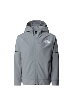 Ανοιχτό γκρι μπουφάν με κουκούλα, με κλείσιμο με φερμουάρ, ελαστικά μανίκια και λογότυπο στο αριστερό στήθος. Κατασκευασμένο από λείο, αδιάβροχο ύφασμα.