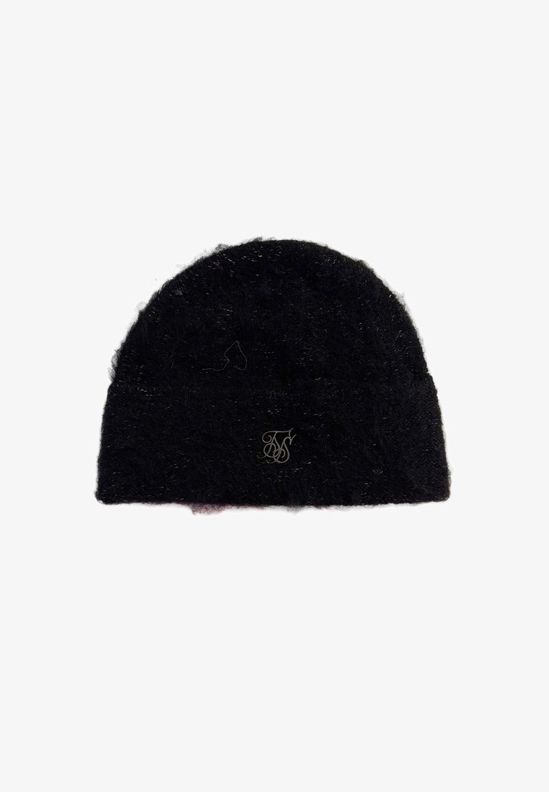 Black knit beanie made of soft material, featuring a folded brim and an embroidered logo in silver on the front. Round shape with a textured finish.