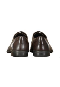 Braune Lederschuhe mit glatter Textur, abgerundetem Absatz und ausgeprägter Naht entlang der Rückseite und der Seiten. Keine sichtbaren Beschläge.