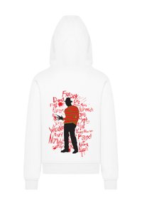 White hoodie with a graphic design featuring a silhouetted figure wearing a striped shirt and hat. Red text and splashes surround the figure.