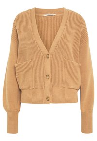 Kurze, zurechtgeschnittene Strickjacke in hellem Braun, mit V-Ausschnitt, vier Knöpfen und zwei Fronttaschen sowie gerippten Bündchen und Saum.