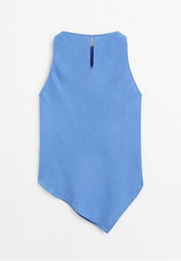 Blue sleeveless top with a slight sheen, featuring a back keyhole opening, asymmetric hem, and smooth texture.
