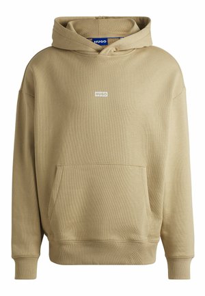 Sweatshirt à capuche beige avec un tissu texturé, une poche frontale, des poignets côtelés et un petit logo "HUGO" sur la poitrine.