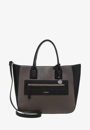 Bolso tote negro y gris con superficies texturizadas, asas dobles y un bolsillo frontal con cremallera. Cuenta con una correa de hombro desmontable.