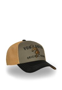 Gorra de béisbol color caqui y negro con laterales de malla, que presenta un diseño de tigre bordado y el texto "VON DUTCH ORIGINAL BRAND" en la parte frontal.