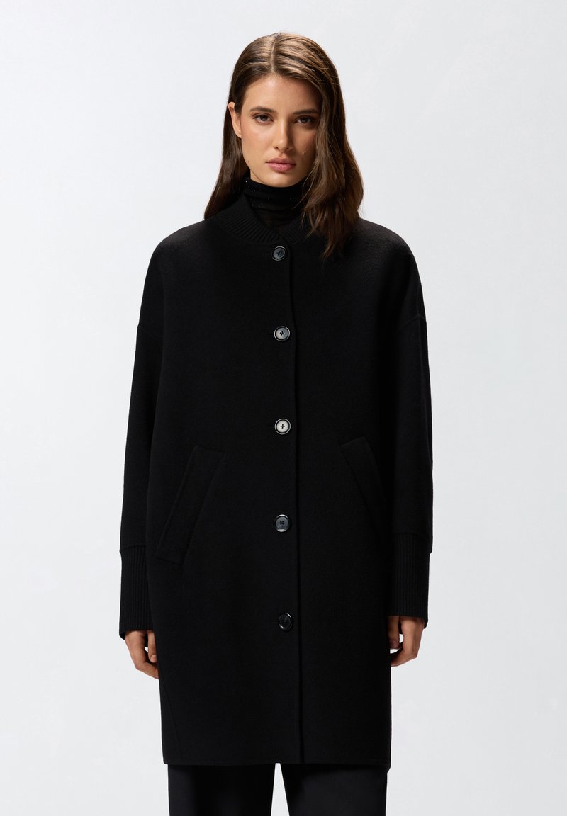 Cappotto di lana nero con colletto alto, chiusura frontale con bottoni, due tasche laterali e polsini a costine. Silhouette oversize e strutturata.