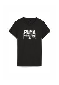 Sort bomulds t-shirt med et hvidt og grått "PUMA SPORTS 1948" grafik på forsiden. Korte ærmer og rund halsudskæring.