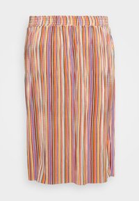 Jupe plissée avec une ceinture élastique, présentant des rayures verticales dans des nuances de violet, rouge, orange et jaune. Tissu léger et texturé.