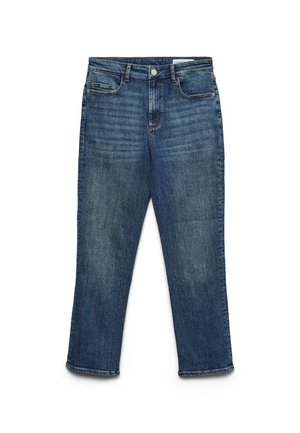 Jeans in denim blu con taglio a gamba dritta, tasche anteriori e posteriori, passanti per cintura e chiusura con bottone.