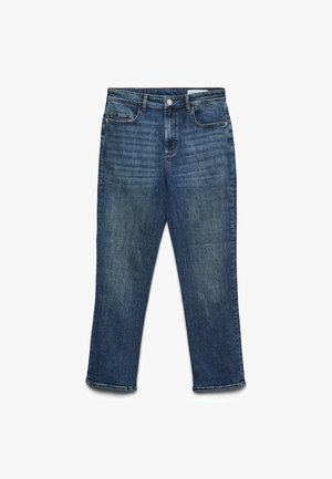 Blaue Jeans aus Denim mit geradem Bein, vorne und hinten Taschen, Gürtelschlaufen und Knopfverschluss.